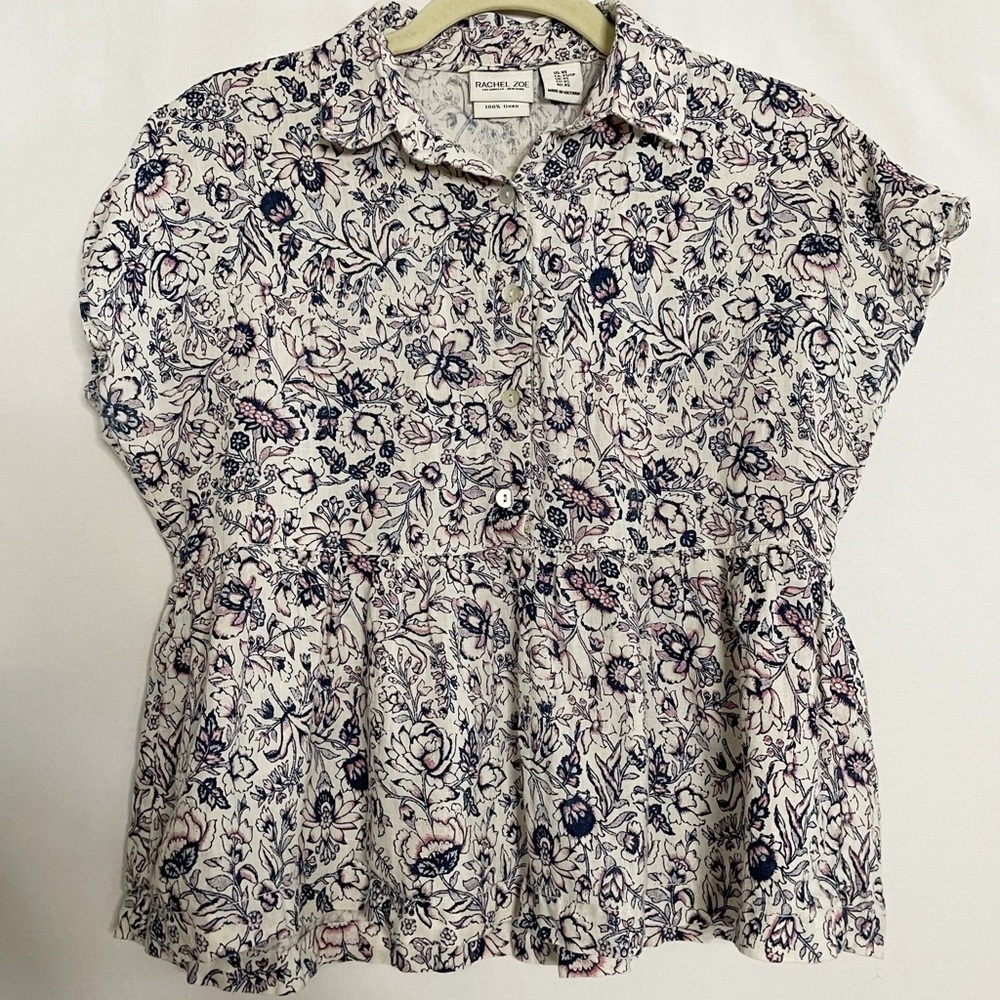 Rachel Zoe Linen Floral Print Boho Ruffle Hem Blouse Top